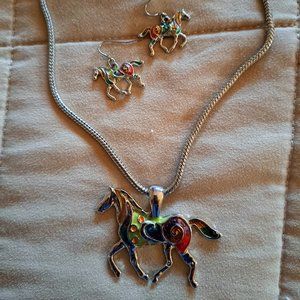 Ladies Enameled Horse Necklace and Earring Set
